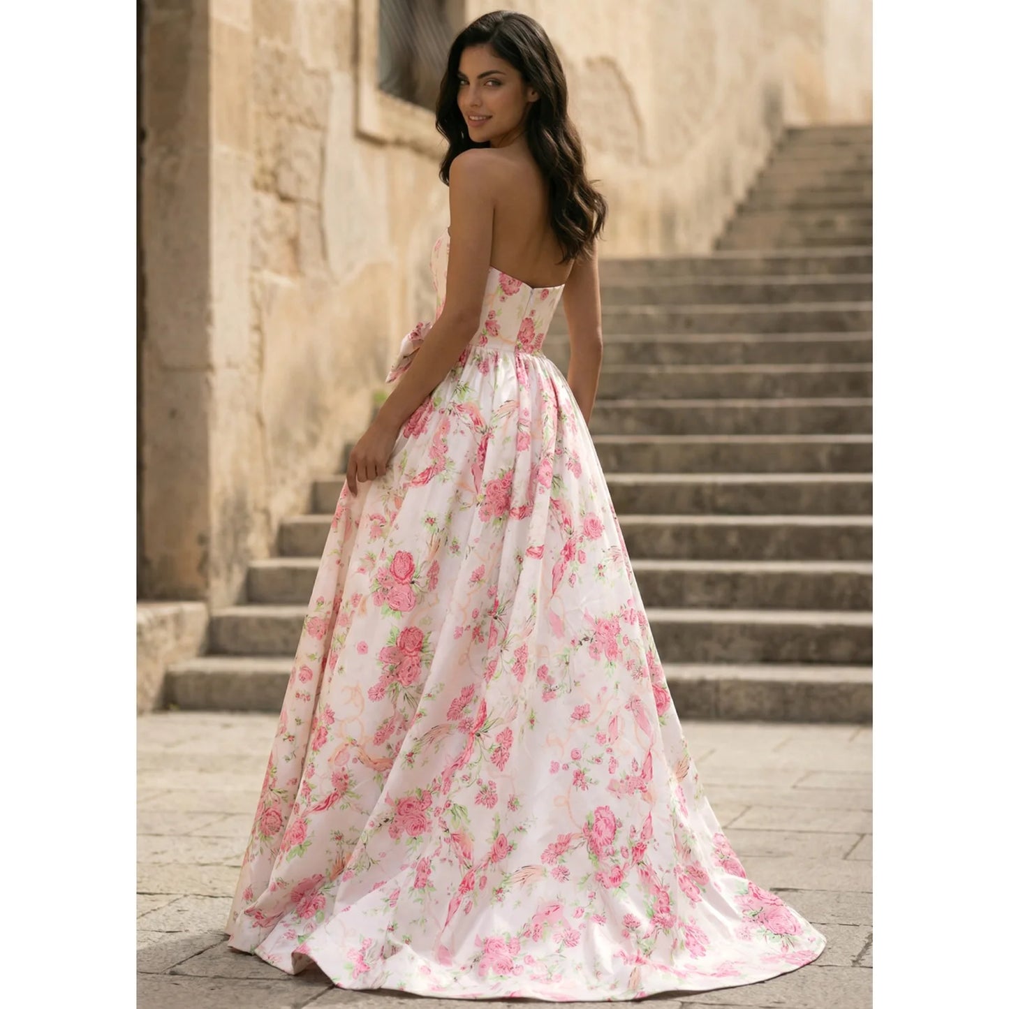 Elegant A-Line Strapless Bow-Accent Floral Floor-Length Prom Dresses for Women