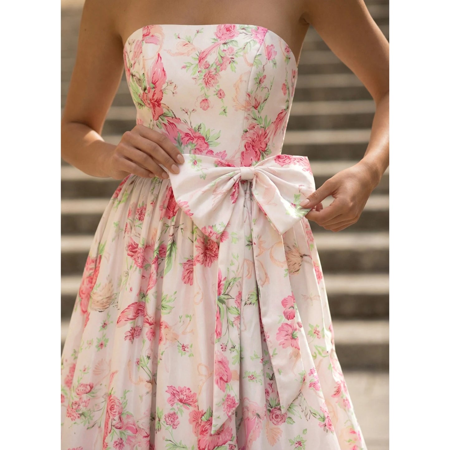 Elegant A-Line Strapless Bow-Accent Floral Floor-Length Prom Dresses for Women