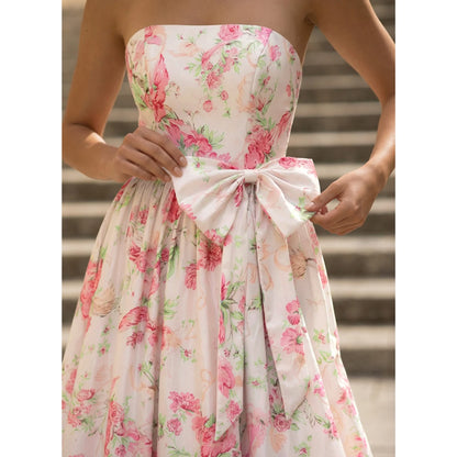 Elegant A-Line Strapless Bow-Accent Floral Floor-Length Prom Dresses for Women