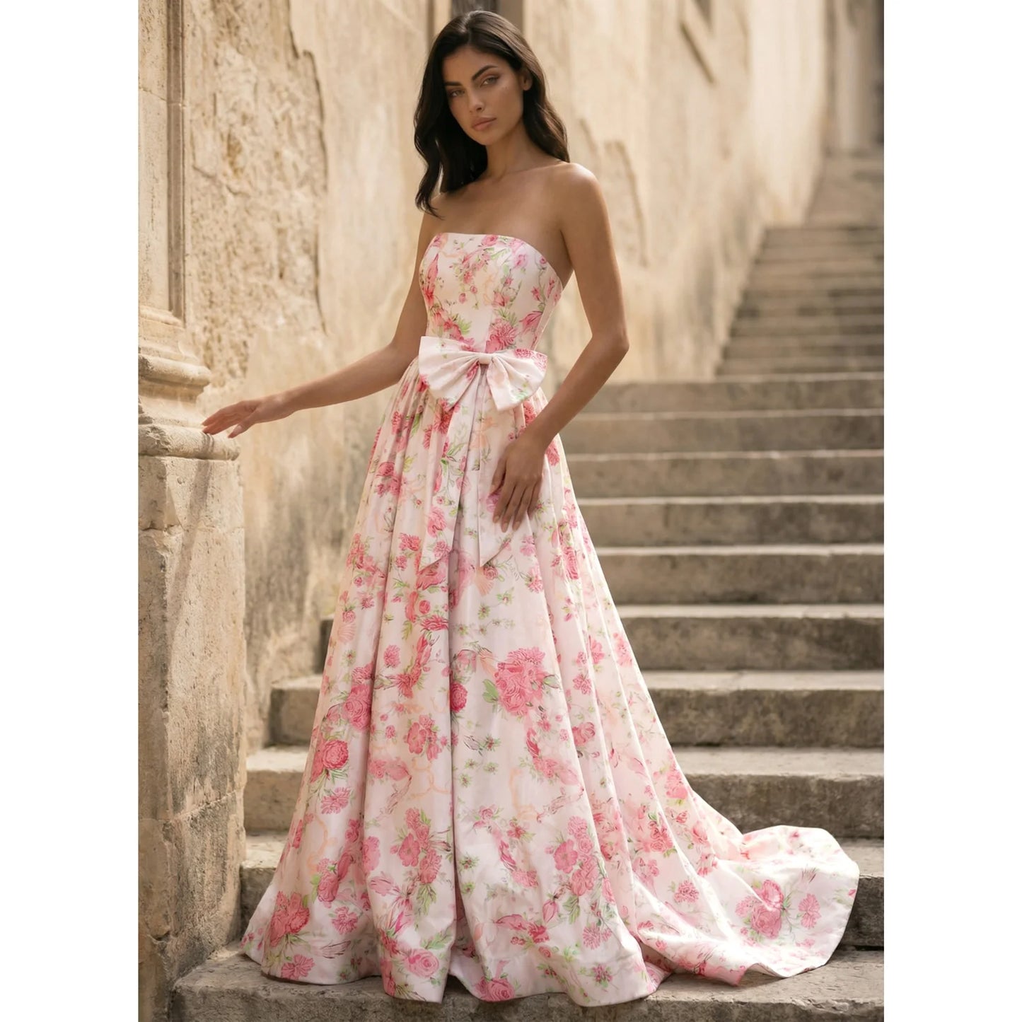 Elegant A-Line Strapless Bow-Accent Floral Floor-Length Prom Dresses for Women