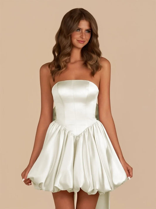 Elegant A-Line Strapless Bow-Back Puffy White Short Homecoming Dress