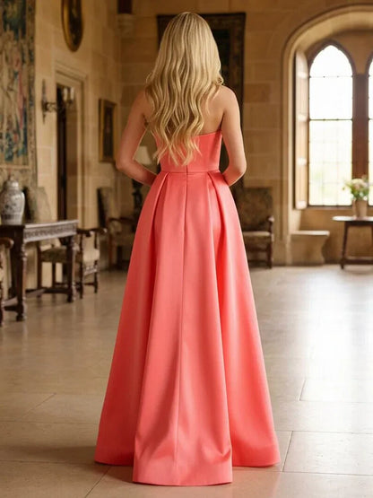 Elegant A-Line Strapless Bow-Knot High-Slit Coral Floor-Length Prom Gown