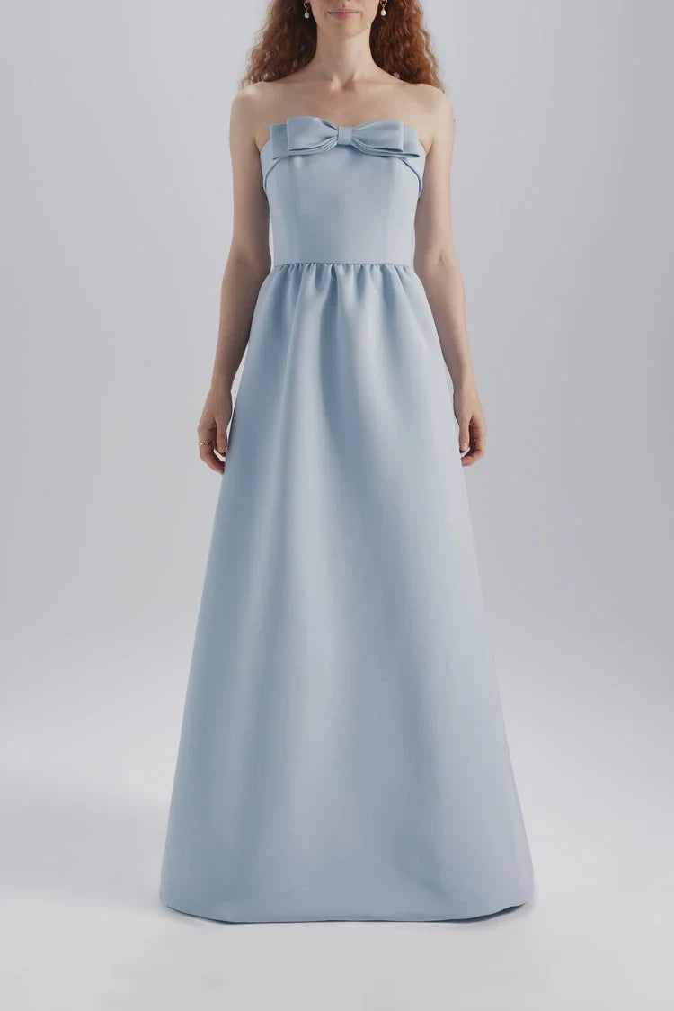Elegant A-Line Strapless Bow Detail Light Blue Floor-Length Bridesmaid Dress Women's Gown