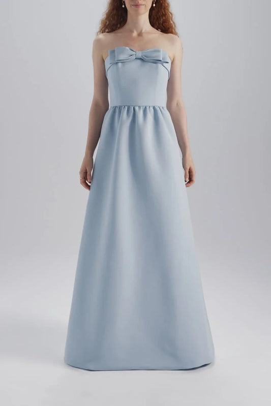 Elegant A-Line Strapless Bow Detail Light Blue Floor-Length Bridesmaid Dress Women's Gown