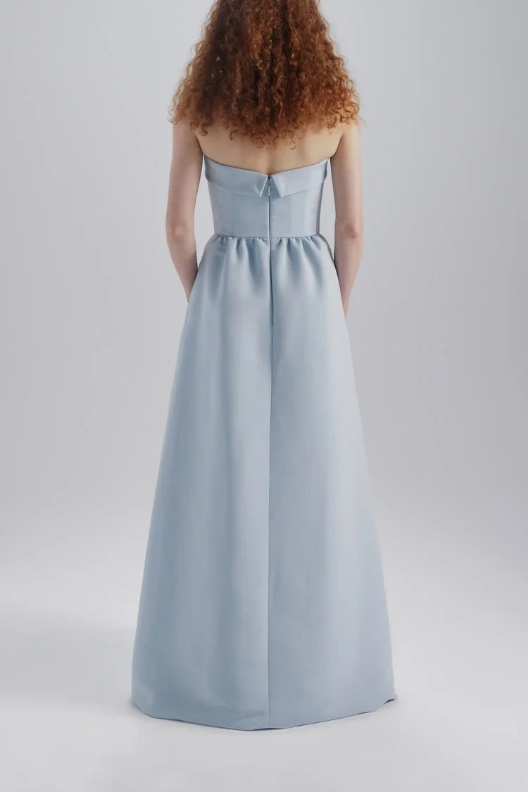 Elegant A-Line Strapless Bow Detail Light Blue Floor-Length Bridesmaid Dress Women's Gown