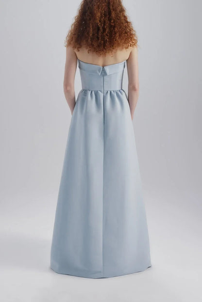 Elegant A-Line Strapless Bow Detail Light Blue Floor-Length Bridesmaid Dress Women's Gown