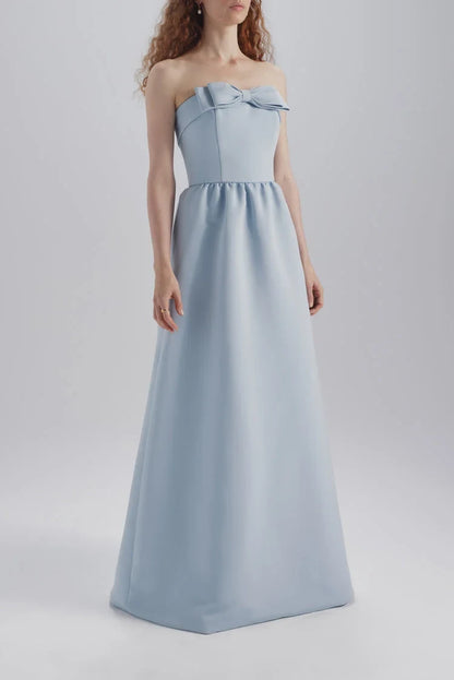 Elegant A-Line Strapless Bow Detail Light Blue Floor-Length Bridesmaid Dress Women's Gown