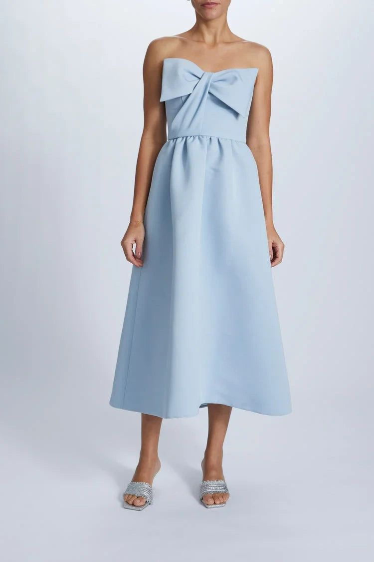 Elegant A-Line Strapless Bow Detail Light Blue Midi Bridesmaid Women's Gown