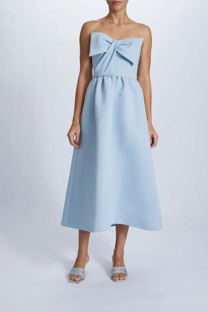 Elegant A-Line Strapless Bow Detail Light Blue Midi Bridesmaid Women's Gown