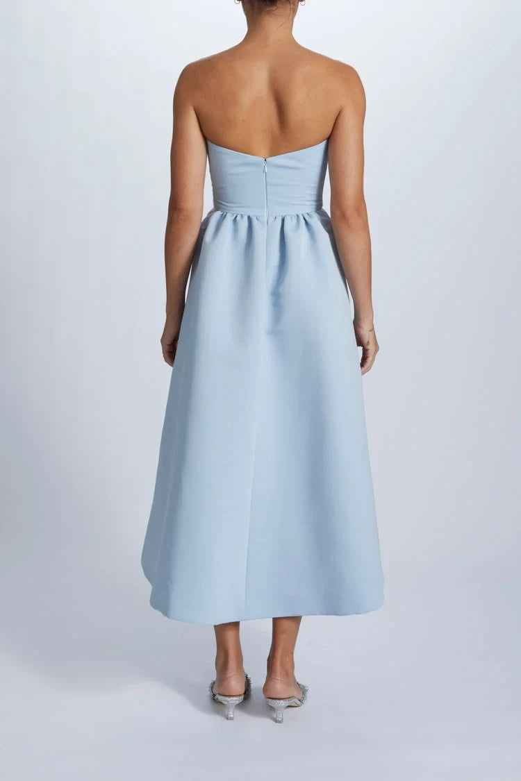 Elegant A-Line Strapless Bow Detail Light Blue Midi Bridesmaid Women's Gown
