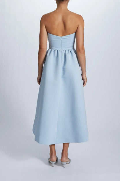 Elegant A-Line Strapless Bow Detail Light Blue Midi Bridesmaid Women's Gown