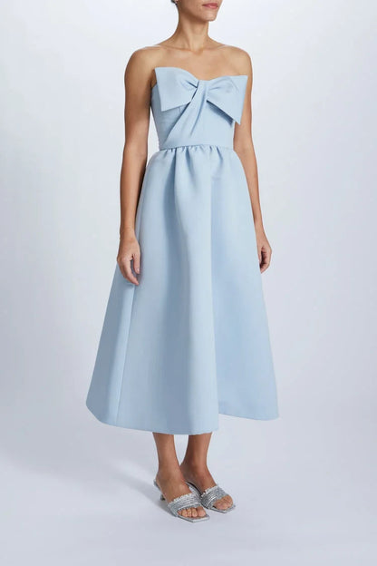 Elegant A-Line Strapless Bow Detail Light Blue Midi Bridesmaid Women's Gown