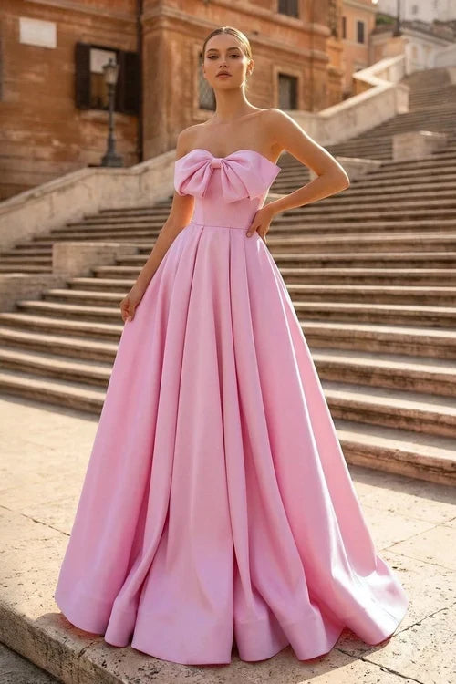 Elegant A-Line Strapless Bow Pleated Pastel Pink Floor-Length Prom Gown