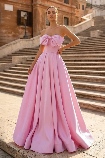 Elegant A-Line Strapless Bow Pleated Pastel Pink Floor-Length Prom Gown