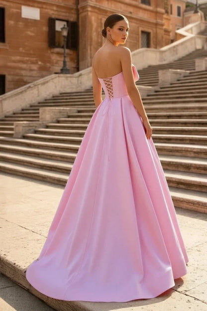 Elegant A-Line Strapless Bow Pleated Pastel Pink Floor-Length Prom Gown
