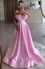 Elegant A-Line Strapless Bow Pleated Pastel Pink Floor-Length Prom Gown