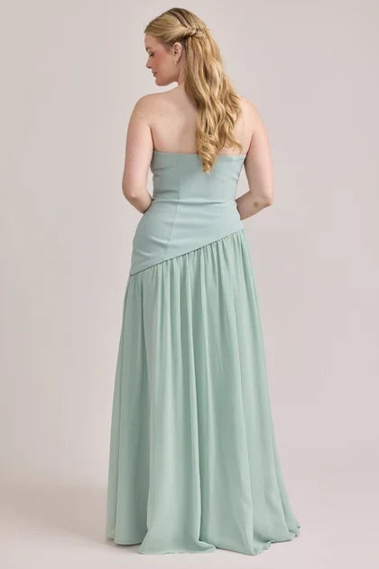 Elegant A-Line Strapless Chic Flowy Sage Green Floor-Length Bridesmaid Gown
