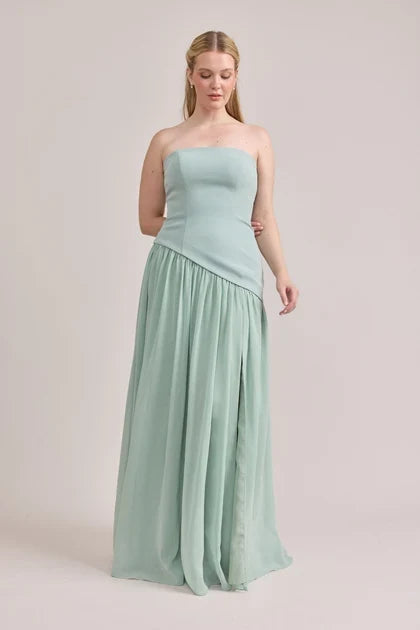 Elegant A-Line Strapless Chic Flowy Sage Green Floor-Length Bridesmaid Gown