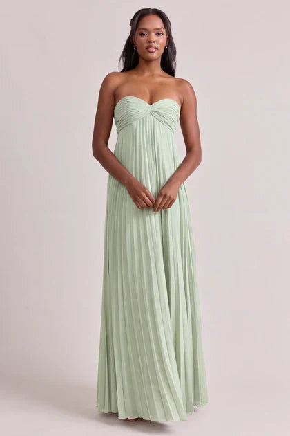 Elegant A-Line Strapless Chic Pleated Lily Green Floor-Length Bridesmaid Dress