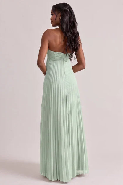 Elegant A-Line Strapless Chic Pleated Lily Green Floor-Length Bridesmaid Dress