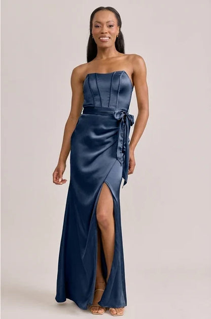 Elegant A-Line Strapless Corset Slit Navy Floor-Length Bridesmaid Dress Women's