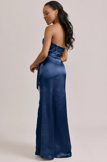 Elegant A-Line Strapless Corset Slit Navy Floor-Length Bridesmaid Dress Women's