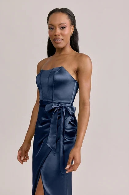Elegant A-Line Strapless Corset Slit Navy Floor-Length Bridesmaid Dress Women's
