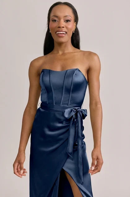 Elegant A-Line Strapless Corset Slit Navy Floor-Length Bridesmaid Dress Women's