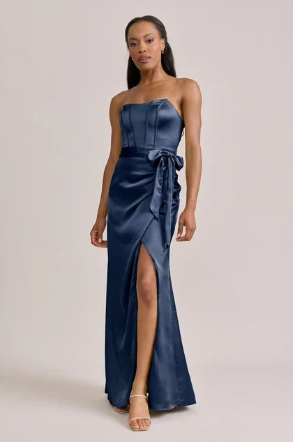 Elegant A-Line Strapless Corset Slit Navy Floor-Length Bridesmaid Dress Women's