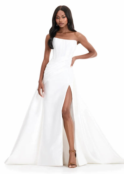Elegant A-Line Strapless Corset Slit White Floor-Length Evening Gown