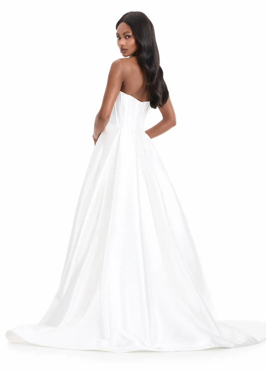 Elegant A-Line Strapless Corset Slit White Floor-Length Evening Gown