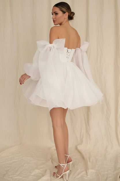 Elegant A-Line Strapless Detachable Puff Sleeves Ruffled White Short Wedding Dress