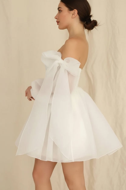 Elegant A-Line Strapless Detachable Puff Sleeves Ruffled White Short Wedding Dress