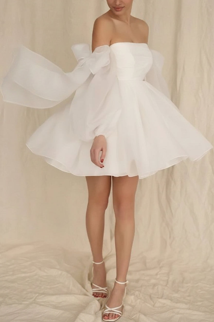 Elegant A-Line Strapless Detachable Puff Sleeves Ruffled White Short Wedding Dress