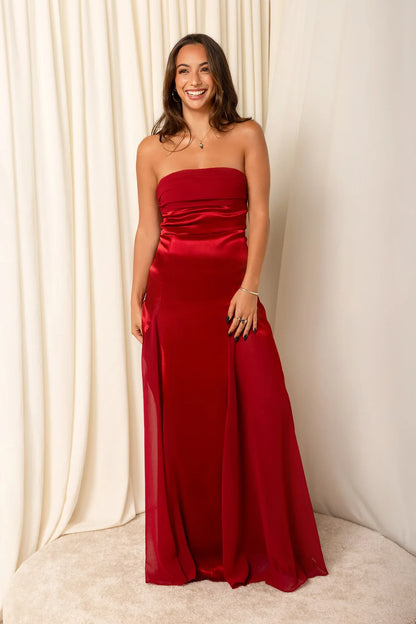 Elegant A-Line Strapless Draped Ruby Red Floor-Length Prom Dresses Gown