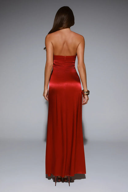 Elegant A-Line Strapless Draped Ruby Red Floor-Length Prom Dresses Gown