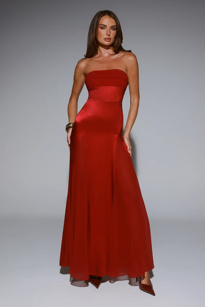Elegant A-Line Strapless Draped Ruby Red Floor-Length Prom Dresses Gown