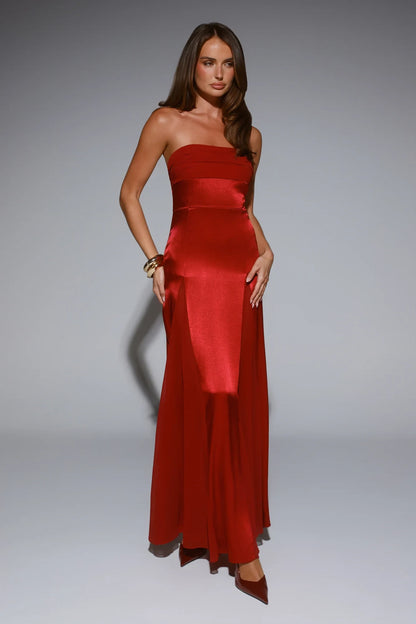 Elegant A-Line Strapless Draped Ruby Red Floor-Length Prom Dresses Gown