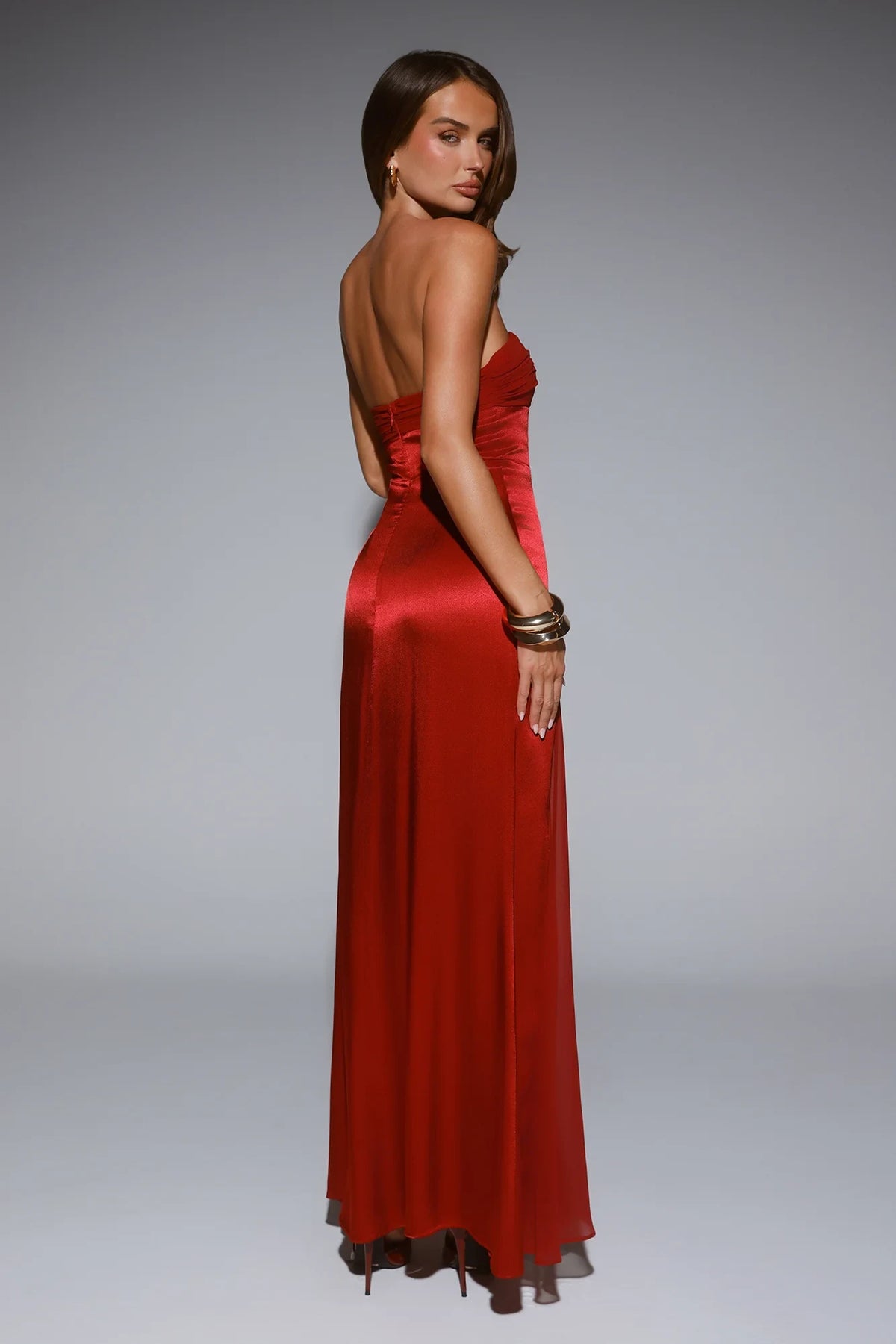 Elegant A-Line Strapless Draped Ruby Red Floor-Length Prom Dresses Gown