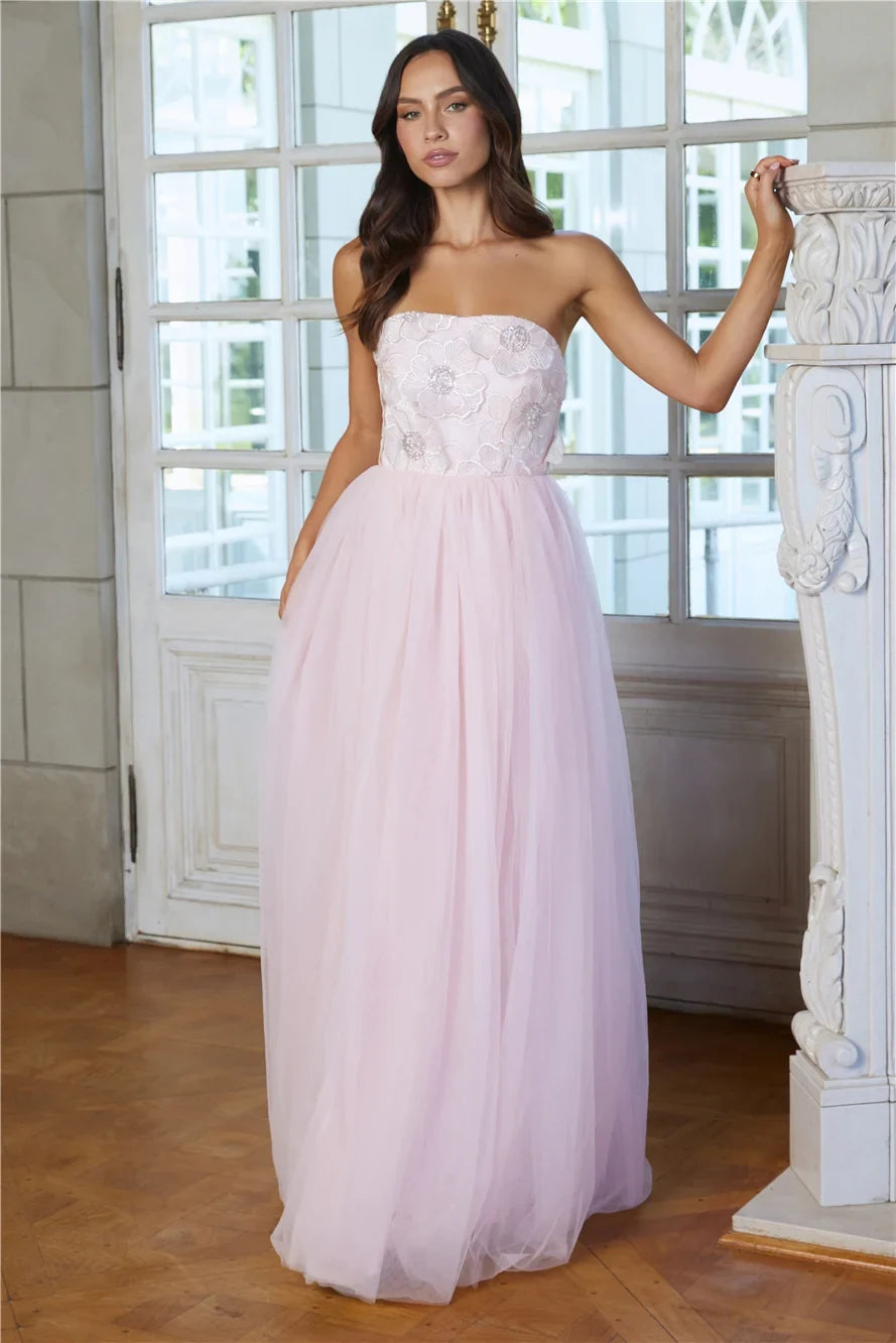 Elegant A-Line Strapless Floral Beaded Blush Pink Floor-Length Prom Gown