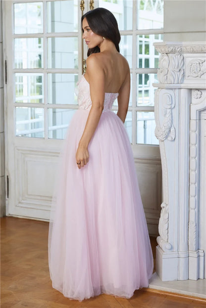 Elegant A-Line Strapless Floral Beaded Blush Pink Floor-Length Prom Gown