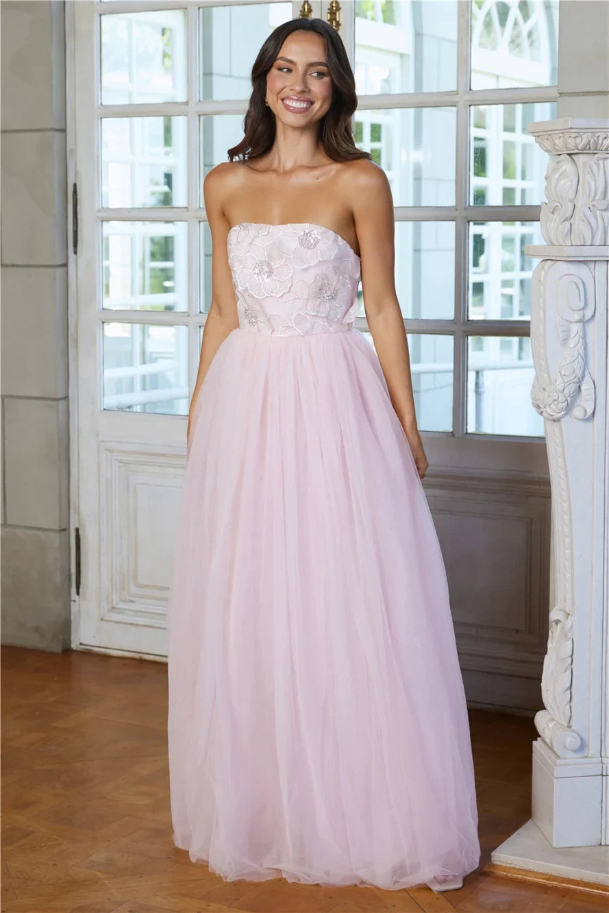 Elegant A-Line Strapless Floral Beaded Blush Pink Floor-Length Prom Gown