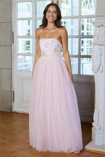 Elegant A-Line Strapless Floral Beaded Blush Pink Floor-Length Prom Gown