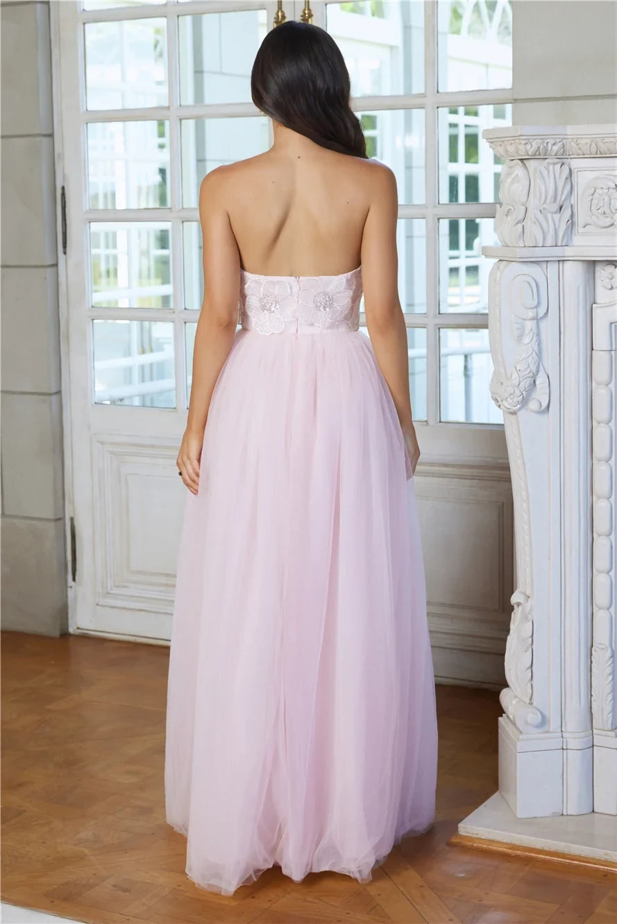 Elegant A-Line Strapless Floral Beaded Blush Pink Floor-Length Prom Gown