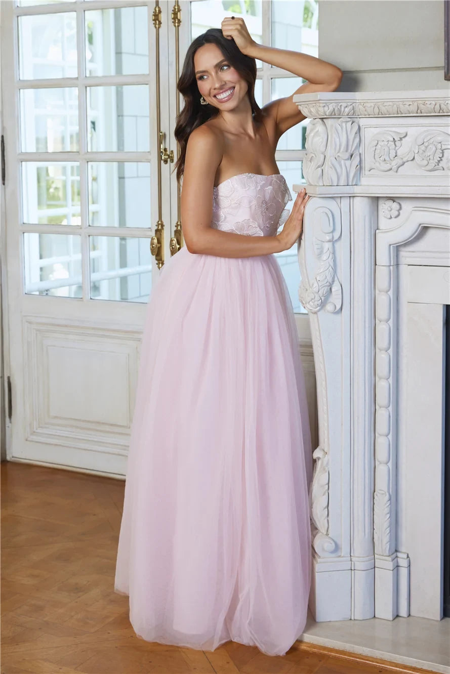Elegant A-Line Strapless Floral Beaded Blush Pink Floor-Length Prom Gown