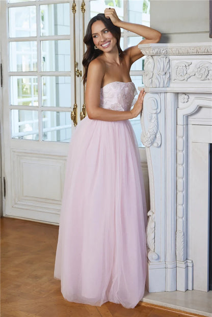 Elegant A-Line Strapless Floral Beaded Blush Pink Floor-Length Prom Gown