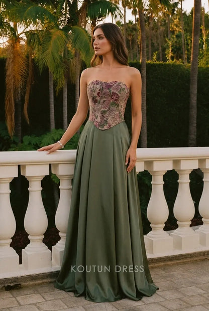 Elegant A-Line Strapless Floral Corset Olive Green Floor-Length Prom Dress Women's