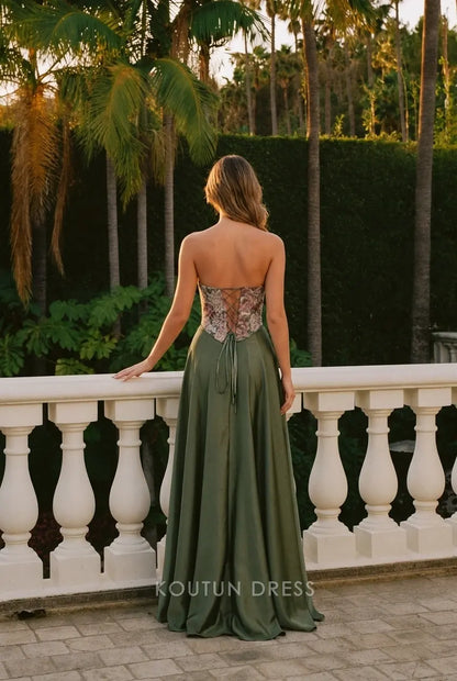 Elegant A-Line Strapless Floral Corset Olive Green Floor-Length Prom Dress Women's