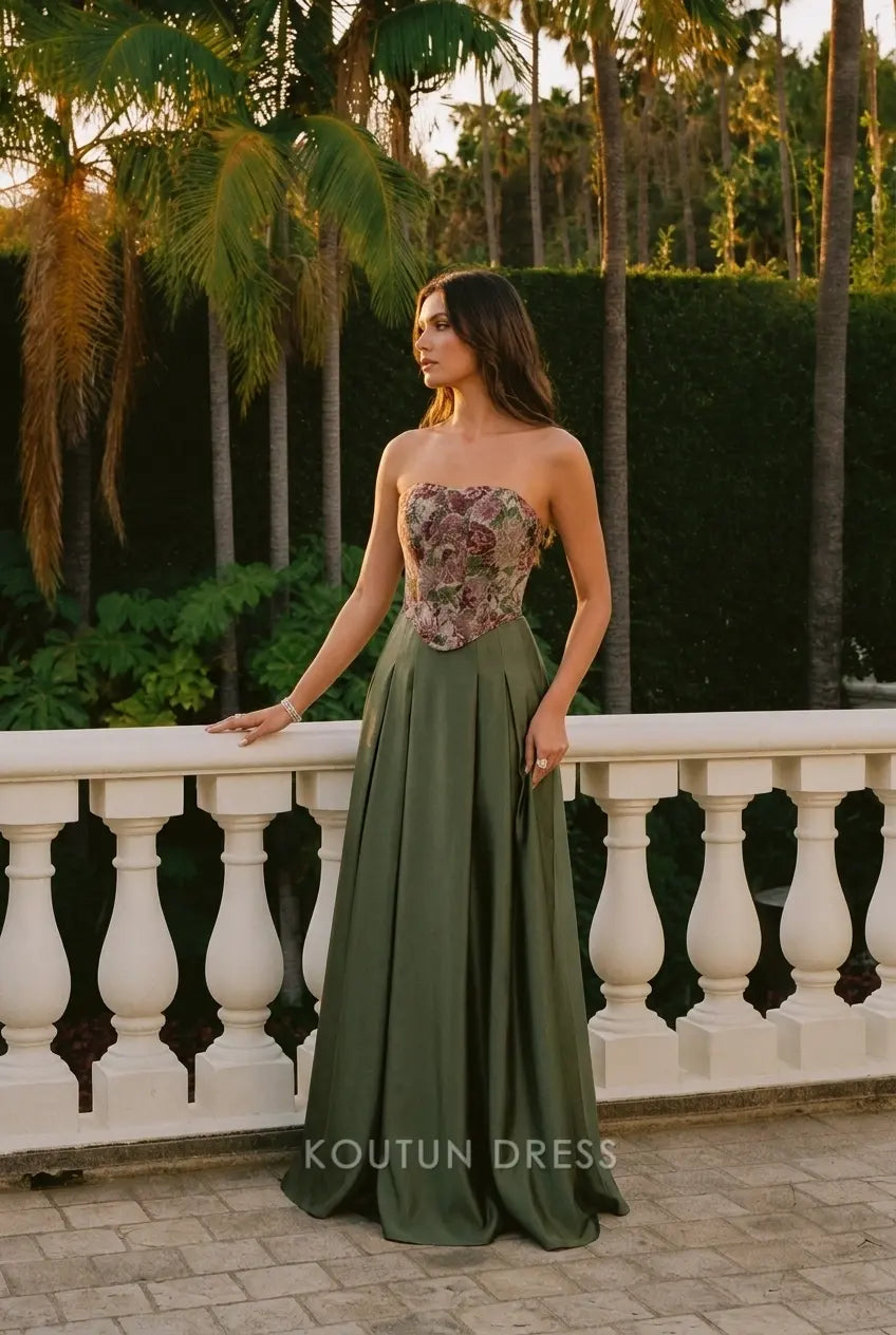 Elegant A-Line Strapless Floral Corset Olive Green Floor-Length Prom Dress Women's