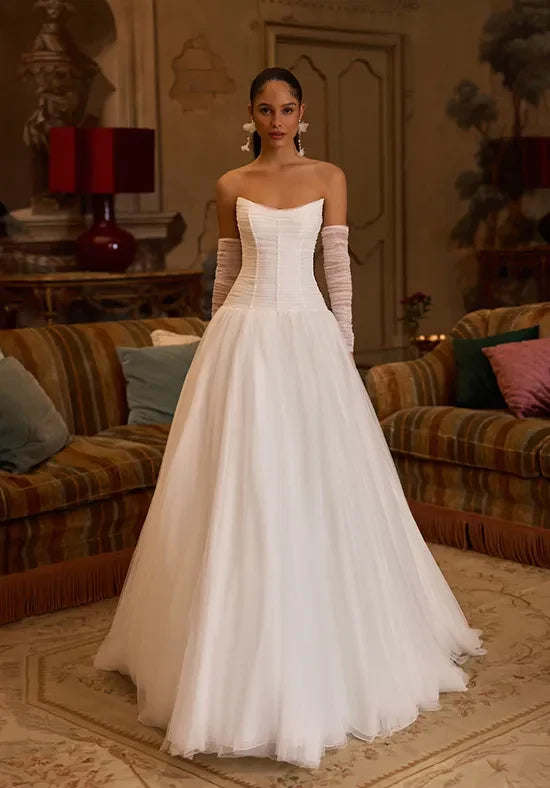 Elegant A-Line Strapless Flowy White Floor-Length Wedding Dresses Bride Gown
